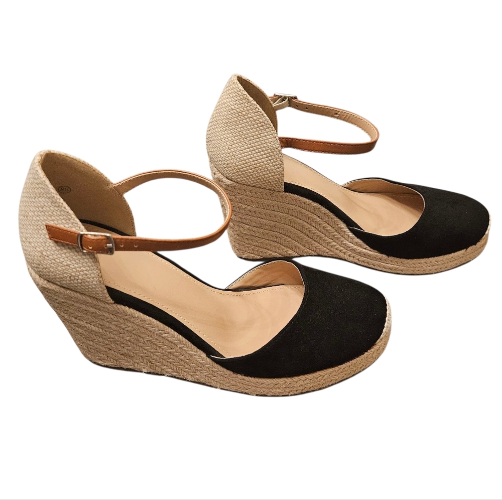 Women's ZBY Tan Black Wedge Sandal Heels